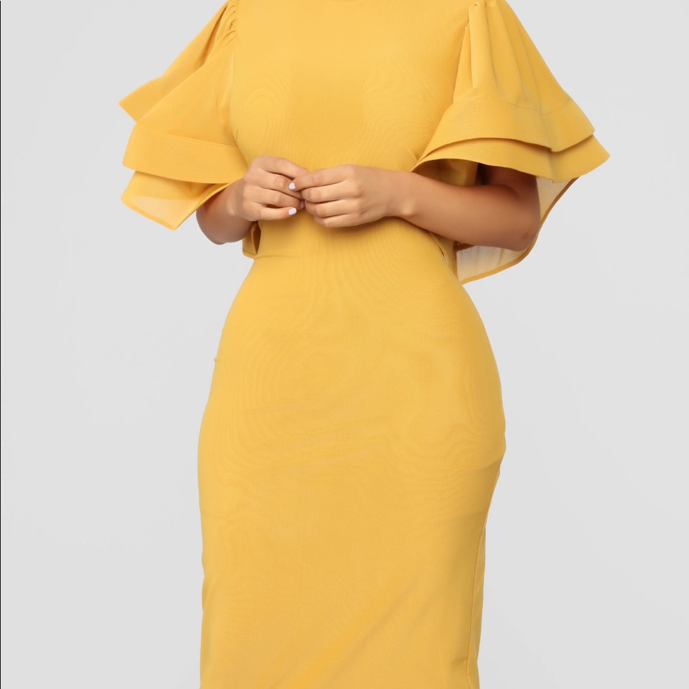 Fashion Nova Mustard Yellow Midi Dress with Ruffle Sleeves - Picture 6 of 6